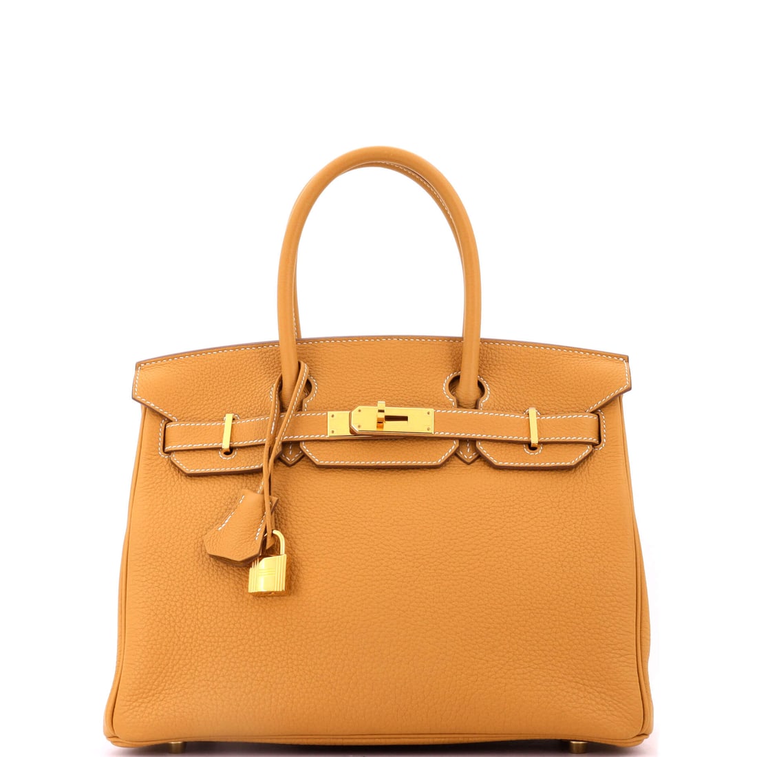 Hermes Birkin Handbag Brown Togo with Gold Hardware: Brown Togo Birkin, gold hardware, 12 in wide, 9 in high and 6 in deep. A warm, unfussy pairing at a size that still handles a working day. Grade B - Excellent. Maison de Beaubigonne authenticity guara