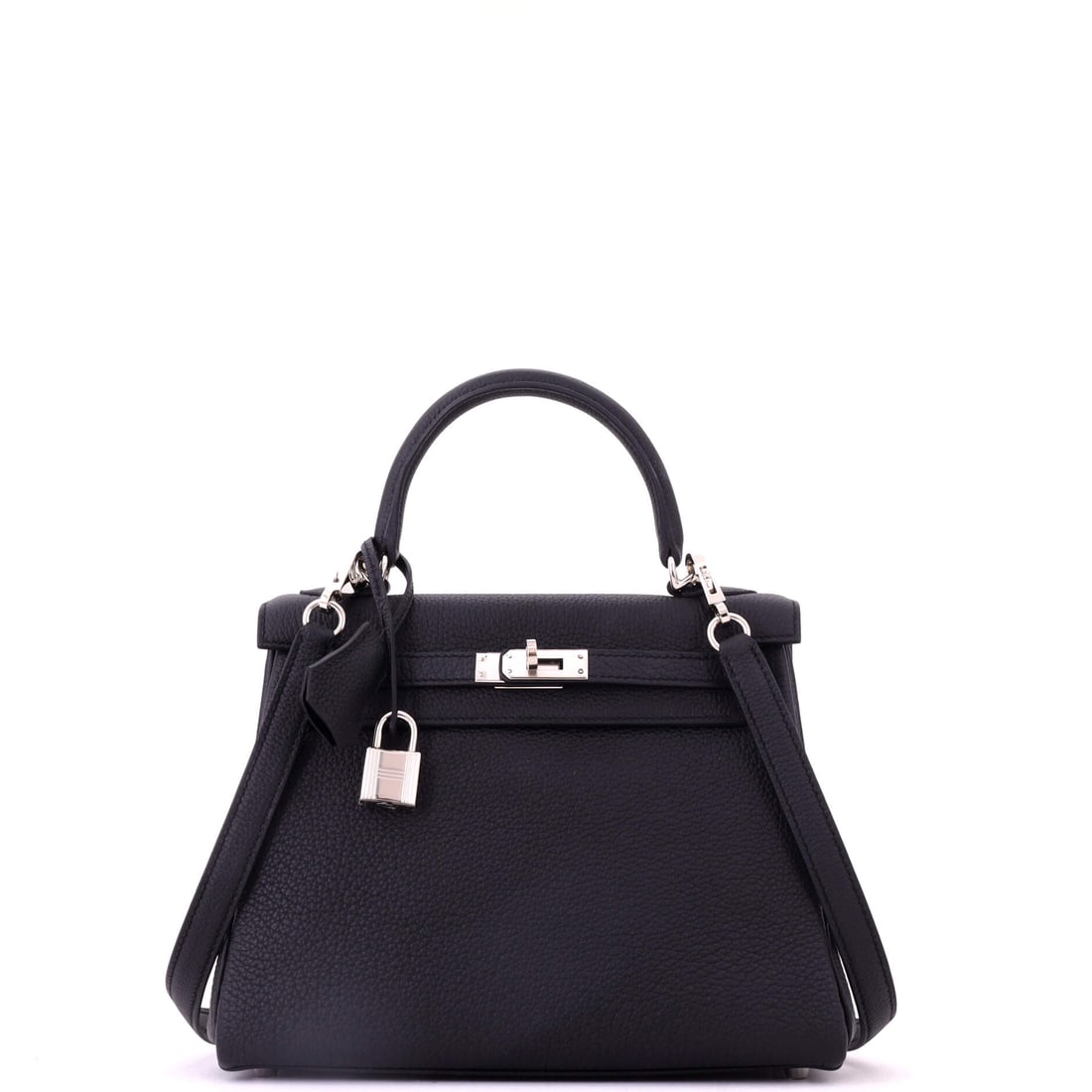 Hermes Kelly Handbag Black Togo with Palladium Hardware: Small, cool-fitted and about as undemonstrative as a Kelly gets: black Togo with palladium hardware, 9 in wide, 8 in high and 4 in deep. Togo's grain is what lets a bag this small take daily handling 