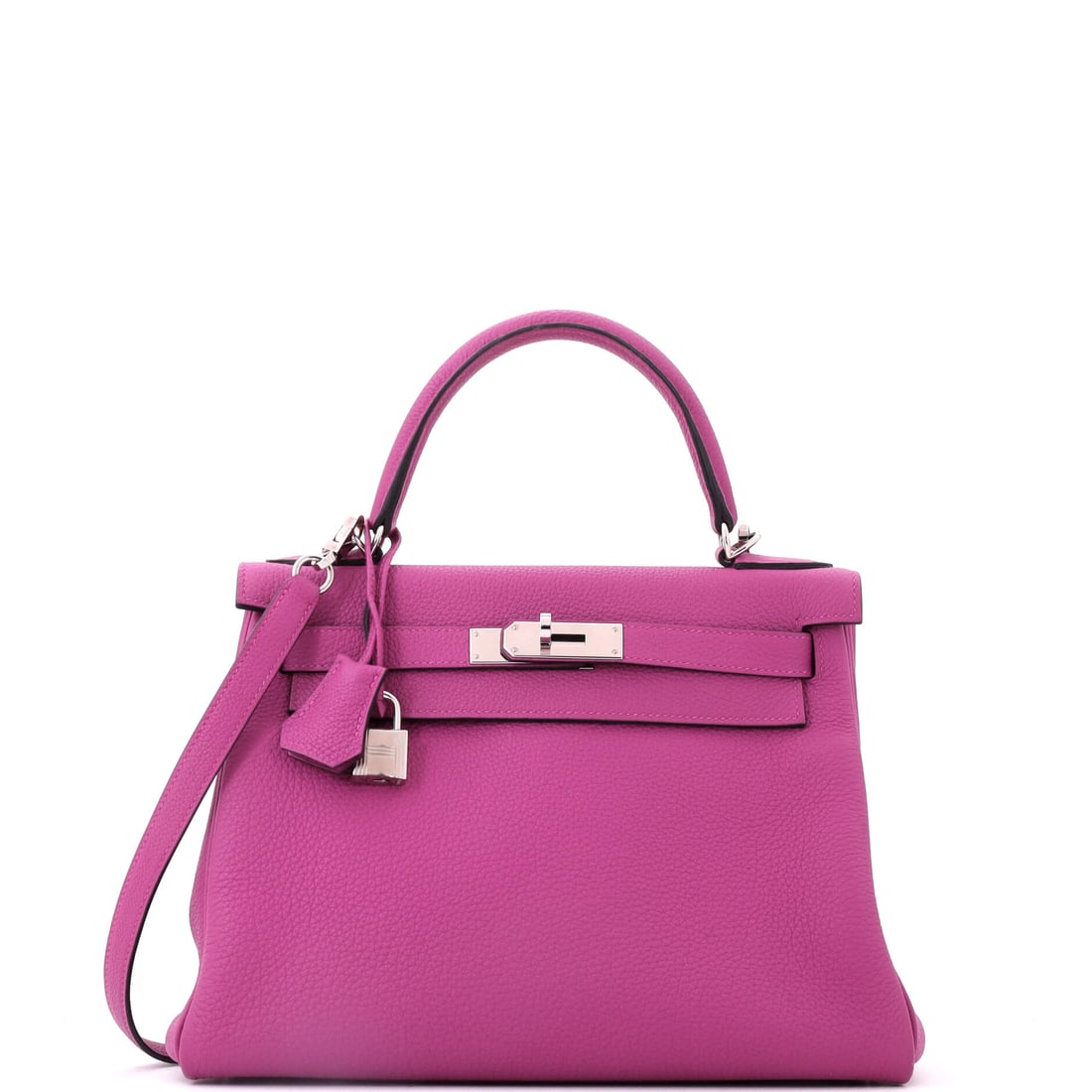 Hermes Kelly Handbag Pink Togo with Palladium Hardware: Grained leather keeps this pink Kelly from going pastel and the palladium sharpens it further. Measures 11 in wide, 8.5 in high and 4 in deep, a width that carries more than essentials. Grade C - Very