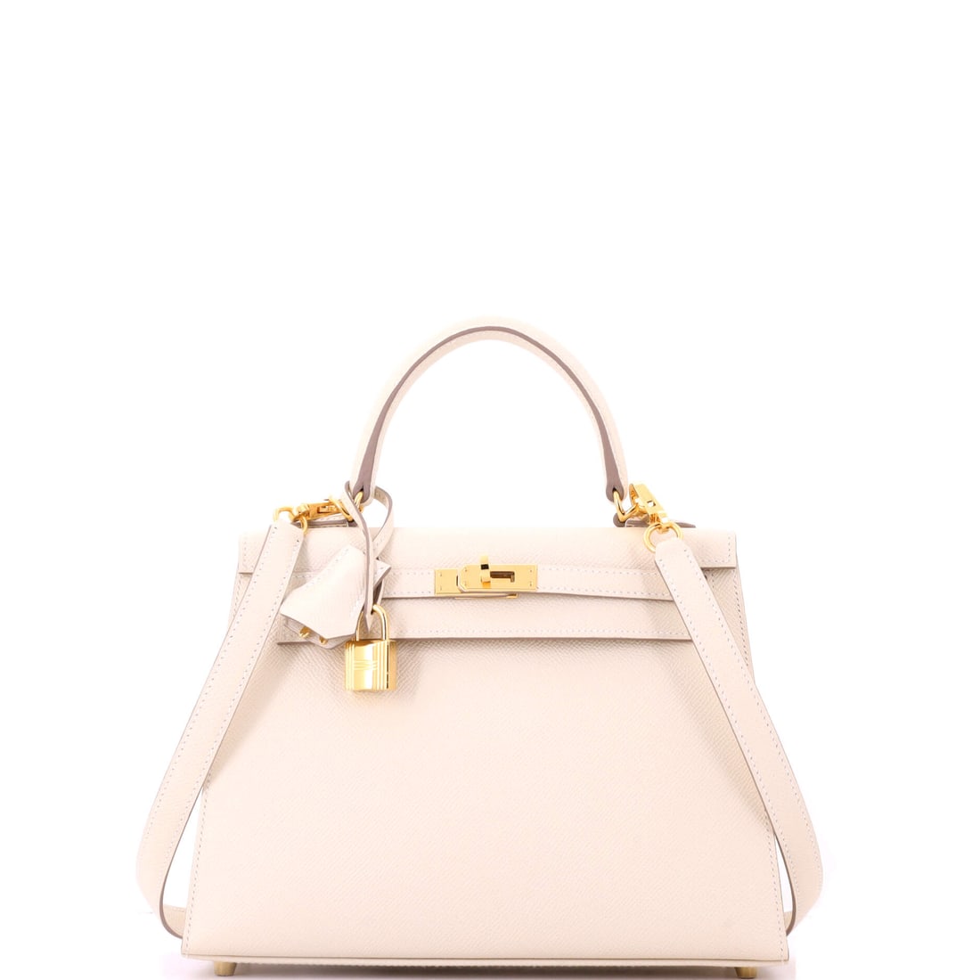 Hermes Kelly Handbag Light Epsom with Gold Hardware: A light Epsom Kelly with gold hardware, 10 in wide, 8 in high and 4 in deep. Pale and structured, with warm fittings keeping the tone from turning cold. Offered in Grade B - Excellent condition. Maiso
