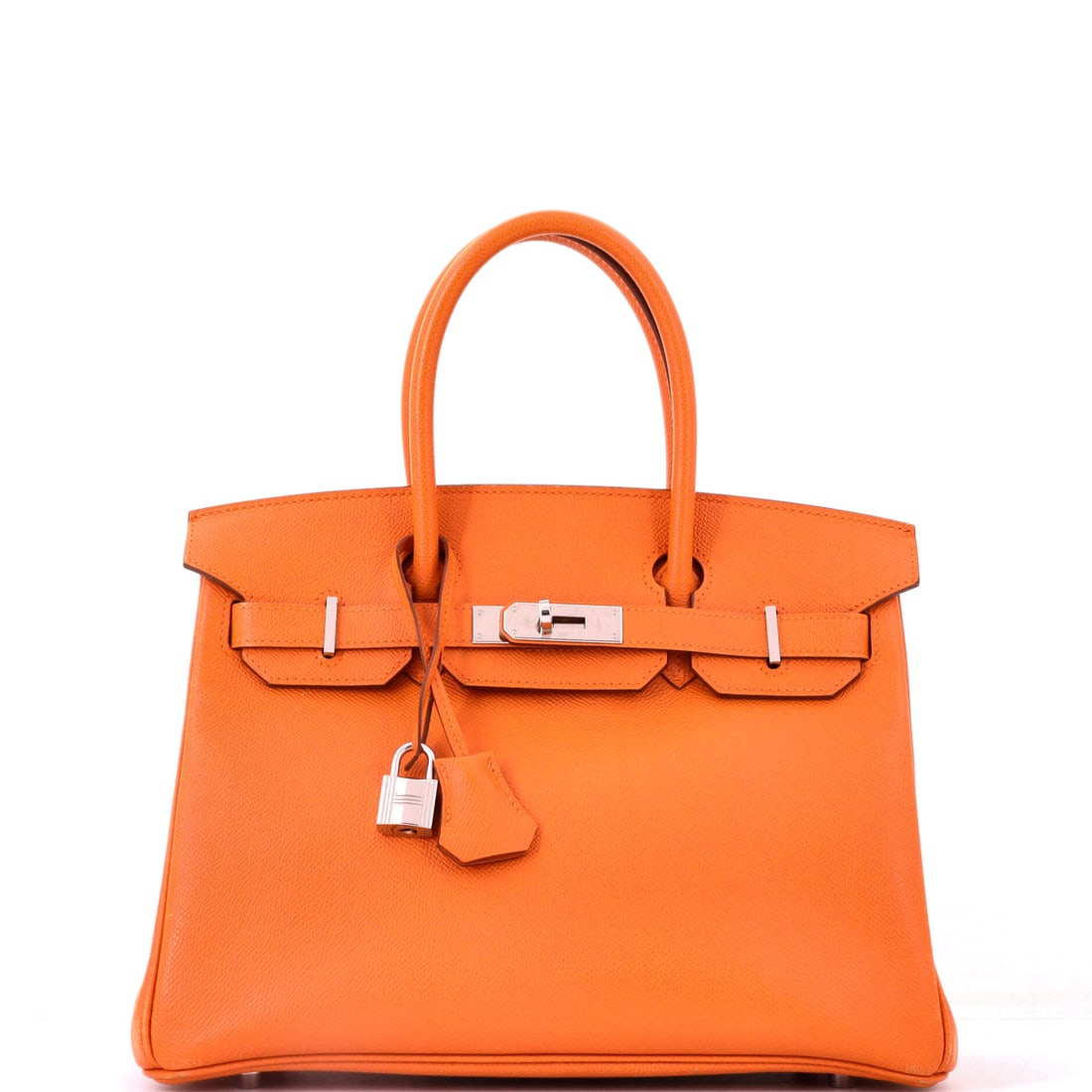 Hermes Birkin Handbag Orange Epsom with Palladium Hardware: Orange Epsom with palladium hardware, 12 in wide, 9 in high and 6 in deep. The house color on a full-size Birkin, with cool fittings for contrast rather than harmony. Shows as Grade D - Good. Maison d