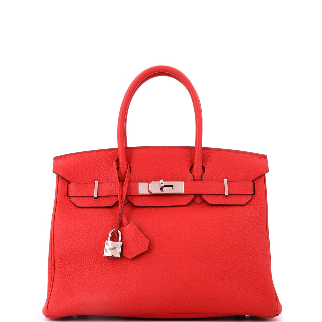 Hermes Birkin Handbag Red Togo with Palladium Hardware: Red Togo, palladium hardware, 11.5 in wide, 9 in high and 6 in deep. Color at full Birkin scale is a commitment, and red is the one Hermes buyers make most often. Shows as Grade D - Good. Maison de Be