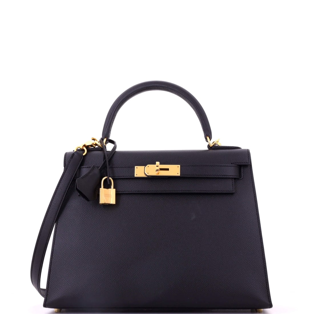 Hermes Kelly Handbag Black Epsom with Gold Hardware: Structure, warmth and a size that works past six o'clock: a black Epsom Kelly at 11.5 in wide, 8.5 in high and 4 in deep with gold fittings. The pressed grain is what keeps the corners crisp. Grade B 