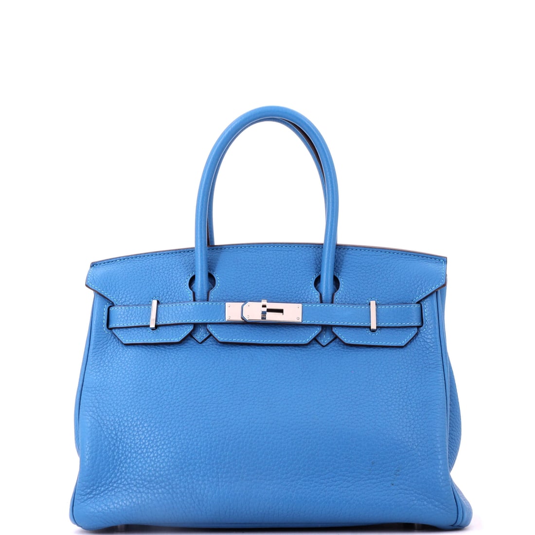 Hermes Birkin Handbag Blue Clemence with Palladium Hardware: Blue Clemence Birkin with palladium hardware, 11.5 in wide, 9 in high and 6 in deep. Clemence gives blue a matte depth that reads differently from Epsom's flatter finish. Shows as Grade D - Good. Mais