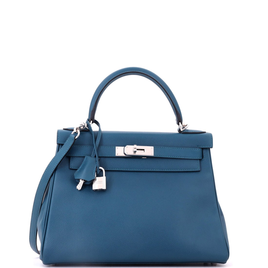 Hermes Kelly Handbag Blue Epsom with Palladium Hardware: Blue Epsom Kelly, palladium hardware, 11 in wide, 8.5 in high and 4 in deep. The condition is Grade C - Very Good. Structured blue with cool fittings is one of the more disciplined combinations in the