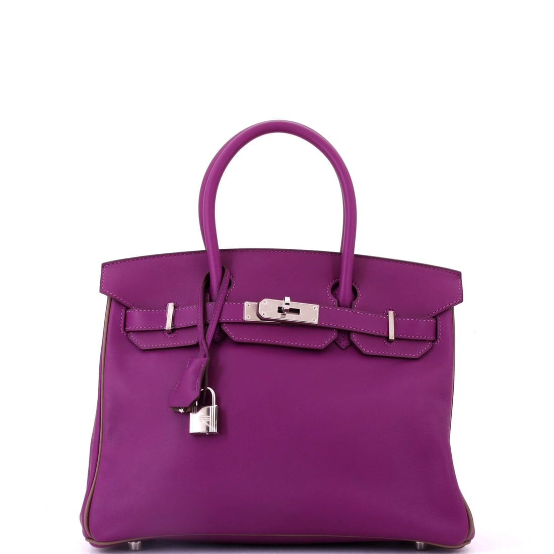 Hermes Birkin Handbag Bicolor Swift with Palladium Hardware: Bicolor construction splits the bag between two tones, and Hermes has used it sparingly enough that examples draw their own audience. This Birkin is Swift with palladium hardware, 11.5 in wide, 9 in h