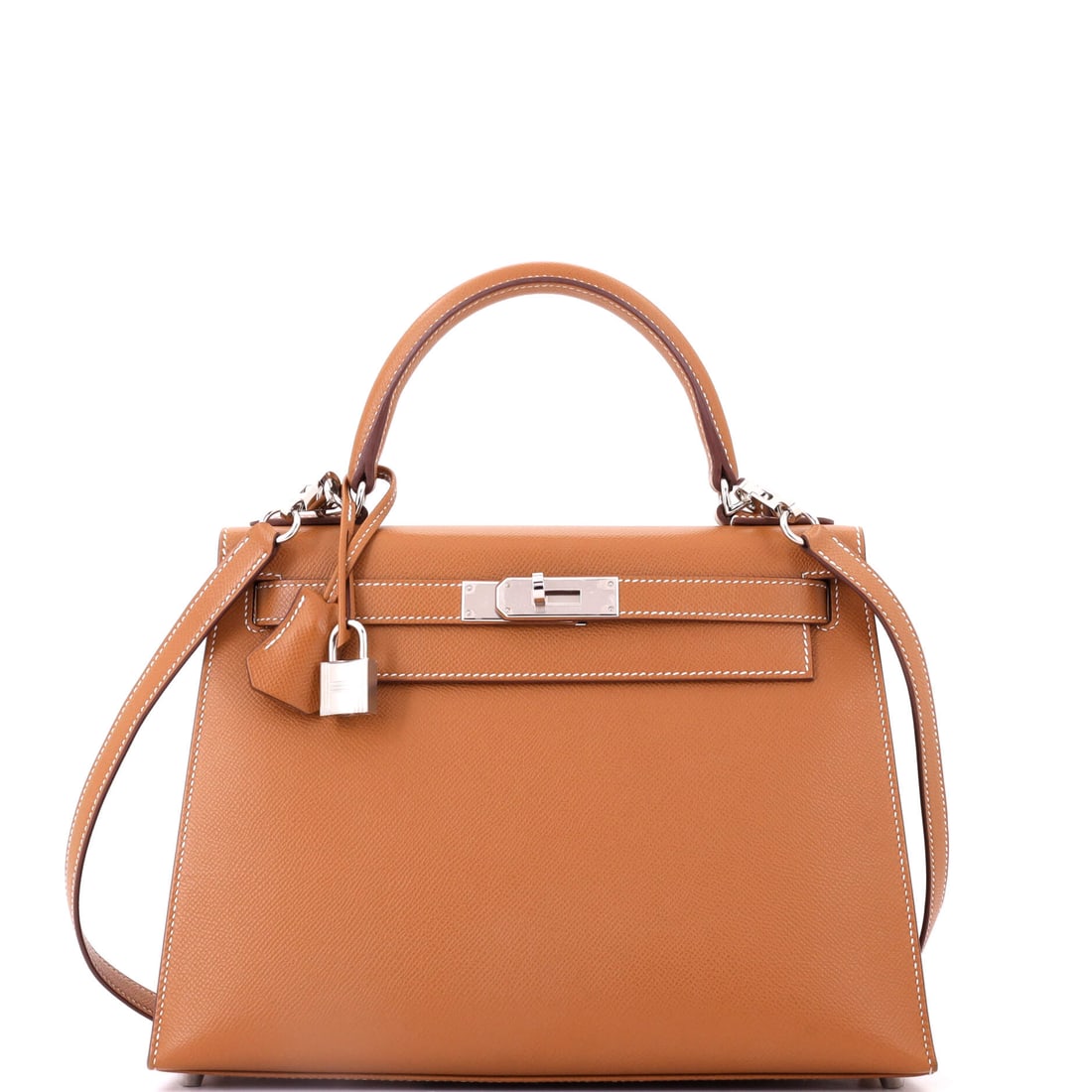 Hermes Kelly Handbag Brown Epsom with Palladium Hardware: Warm leather, cool fittings, sharp corners: a brown Epsom Kelly at 11.5 in wide, 8.5 in high and 4 in deep. Structure is what keeps the flap sitting flat years down the line. Grade B - Excellent. Mais