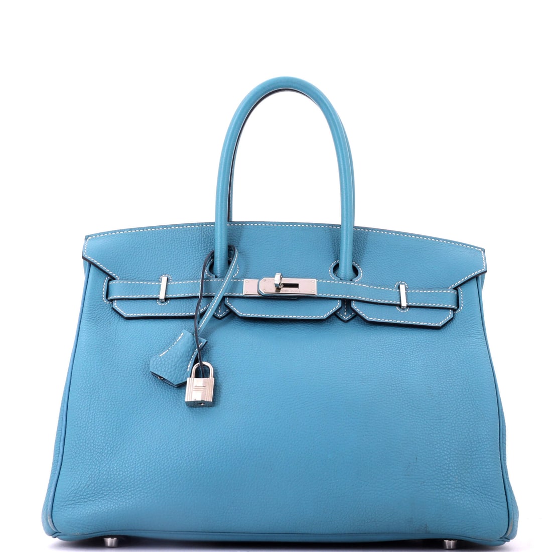 Hermes Birkin Handbag Blue Togo with Palladium Hardware: Blue Togo Birkin with palladium hardware, 13.5 in wide, 10 in high and 7 in deep. Travel scale in a color that stays wearable rather than seasonal. Shows as Grade D - Good. Maison de Beaubigonne authe
