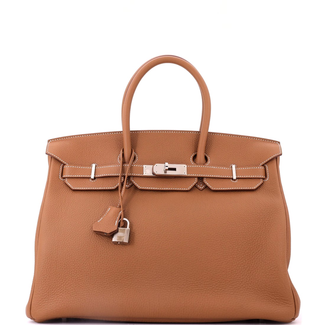 Hermes Birkin Handbag Brown Togo with Palladium Hardware: A travel Birkin in strong shape is a harder find than the day-sized bags. Brown Togo with palladium hardware at 13.5 in wide, 10 in high and 7 in deep. Grade B - Excellent. Maison de Beaubigonne authe