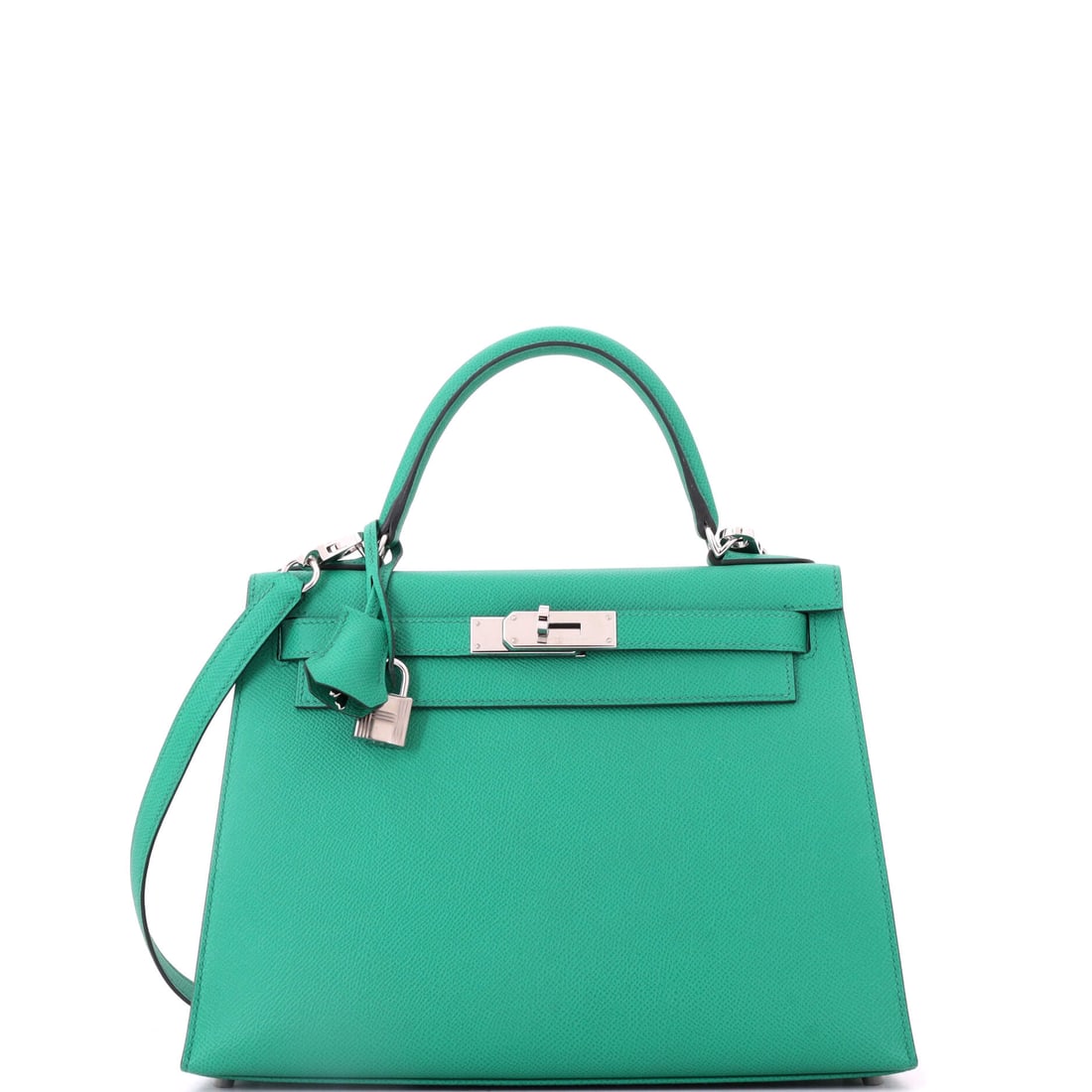 Hermes Kelly Handbag Green Epsom with Palladium Hardware: Green Epsom Kelly with palladium hardware, 11.5 in wide, 8.5 in high and 4 in deep. Cool hardware keeps the green crisp instead of letting it drift olive. Grade B - Excellent. Maison de Beaubigonne au