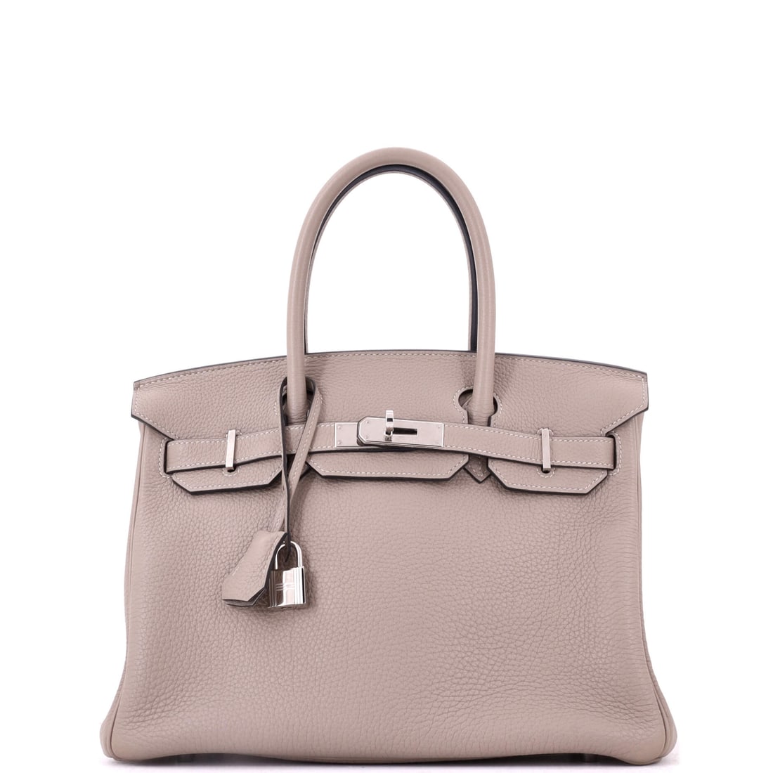 Hermes Birkin Handbag Grey Togo with Palladium Hardware: Cool leather and cool fittings make this about as low-key as a full-size Birkin gets: grey Togo, palladium hardware, 11.5 in wide, 9 in high and 6 in deep. The grain does the practical work of hiding 