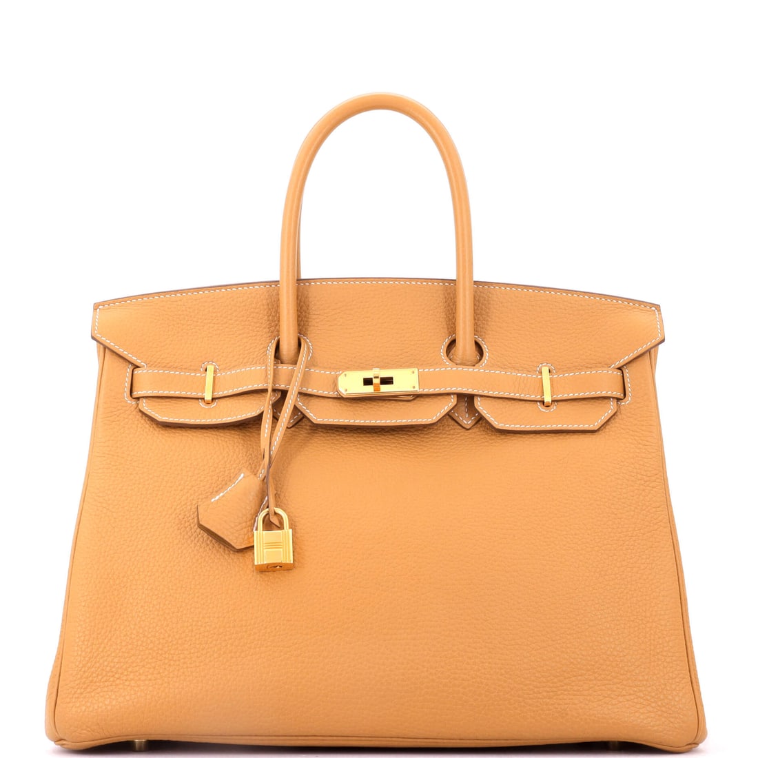 Hermes Birkin Handbag Brown Togo with Gold Hardware: Warm brown Togo with gold fittings on a Birkin, and enough capacity at 13.5 in wide, 10 in high and 7 in deep to make it a genuine travel bag. Rolled twin handles and a deep base make the travel forma