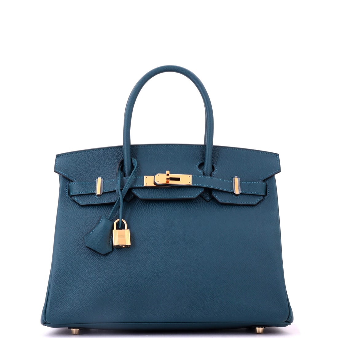 Hermes Birkin Handbag Blue Epsom with Gold Hardware: Epsom keeps a colored Birkin looking new longest, here in blue with gold hardware at 12 in wide, 9 in high and 6 in deep. The warm fittings stop the blue from going cold. Offered in Grade B - Excellen