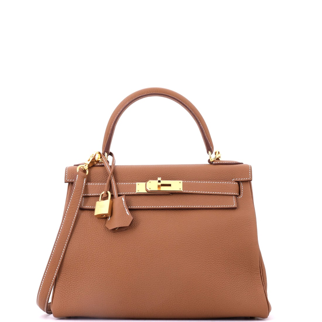Hermes Kelly Handbag Brown Togo with Gold Hardware: Warm throughout and softening a little more with every year of carry: a brown Togo Kelly with gold hardware, 11 in wide, 8.5 in high and 4 in deep. The single handle and front-strap closure are what s