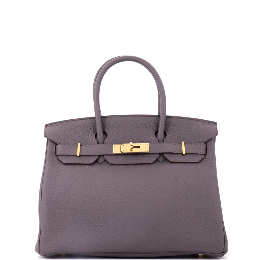 Hermes Birkin Handbag Grey Togo with Gold Hardware: Warm gold against grained grey on a Birkin, in the full 11.5 in width with 9 in height and 6 in depth. Grade C - Very Good, with the grain absorbing wear the way smooth leathers cannot. Maison de Beau