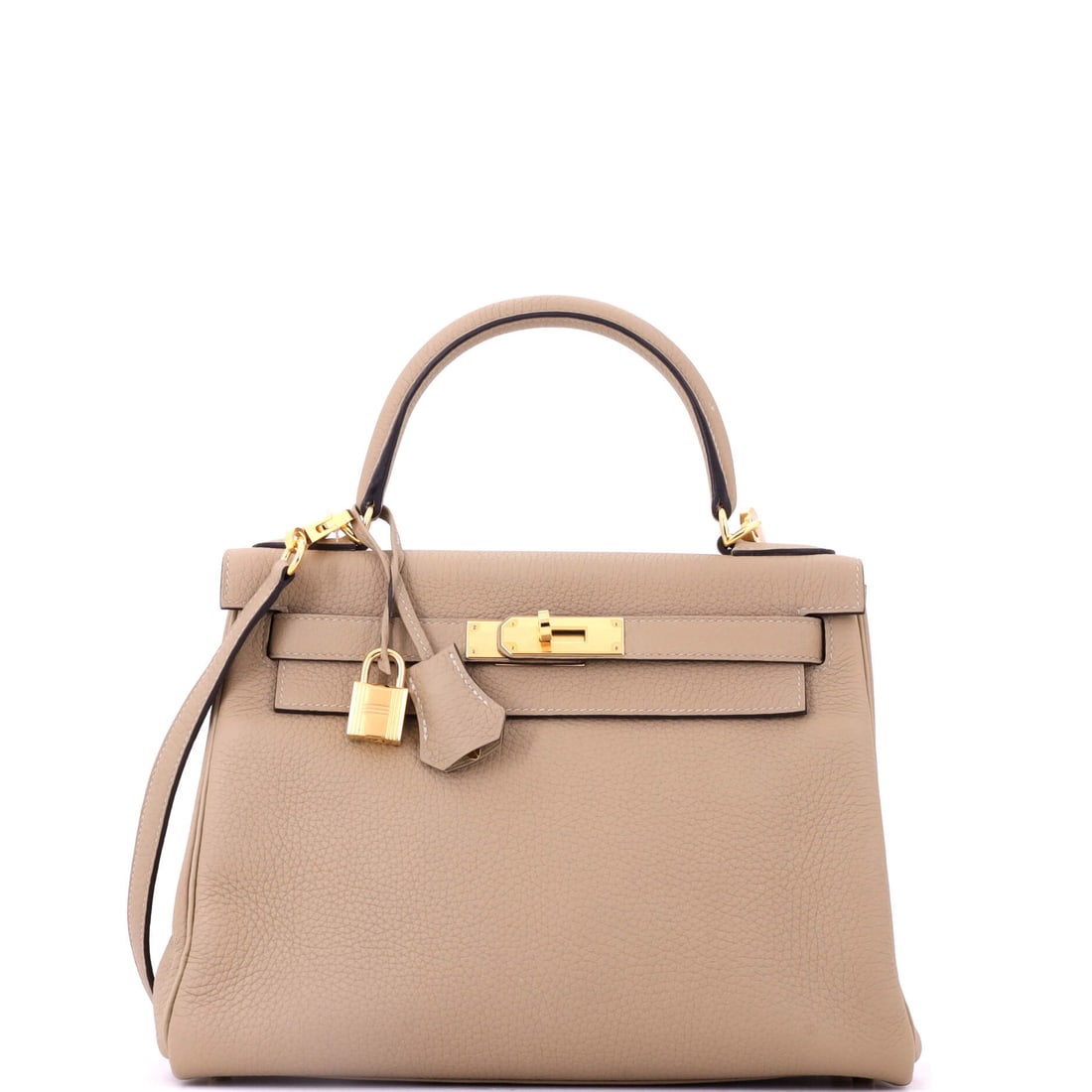 Hermes Kelly Handbag Light Clemence with Gold Hardware: Light Clemence with gold hardware, 10.5 in wide, 8.5 in high and 4 in deep. The soft grain gives a pale Kelly more forgiveness than smooth leather would. Offered in Grade B - Excellent condition. Mais