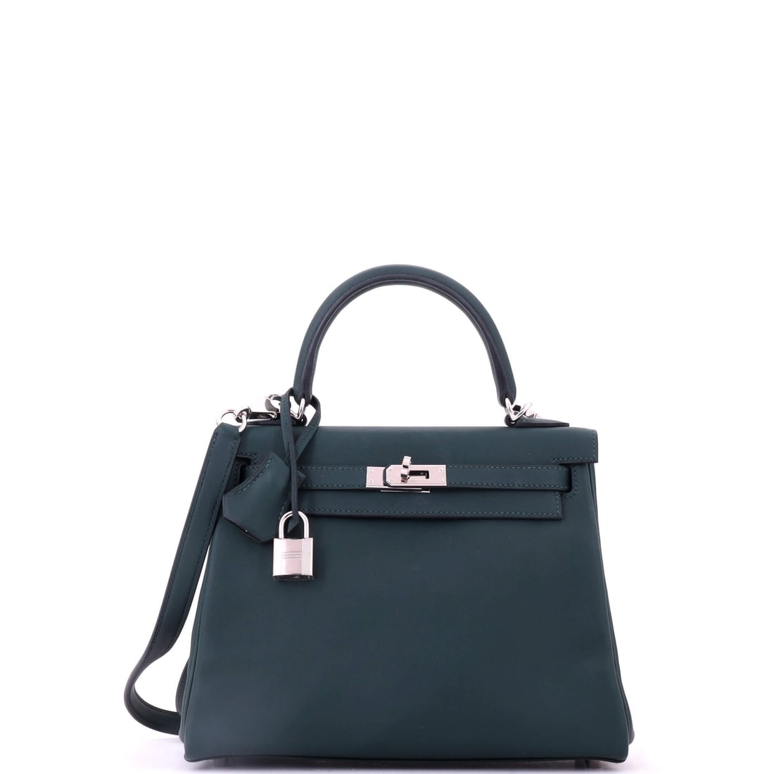 Hermes Kelly Handbag Green Swift with Palladium Hardware: Green Swift Kelly with palladium hardware, compact at 9 in wide, 8 in high and 4 in deep. Soft leather, sharp color and cool fittings. Grade B - Excellent. Maison de Beaubigonne authenticity guarantee