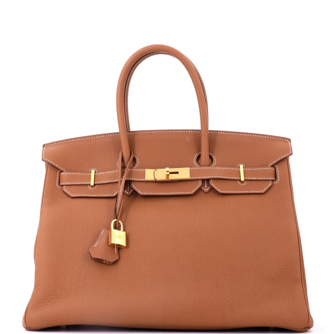 Hermes Birkin Handbag Brown Togo with Gold Hardware: Built for travel and carried accordingly: a brown Togo Birkin at 14 in wide, 10 in high and 7 in deep with gold hardware. The grain is what lets a bag this size take airport handling. Grade C - Very G