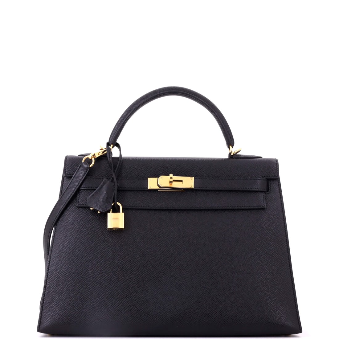 Hermes Kelly Handbag Black Epsom with Gold Hardware: A wide 13 in Kelly with 9 in height and 4.5 in depth, in black Epsom with gold hardware. Structure at this width is what keeps the flap true, and the extra depth makes it genuinely useful. Grade B - E