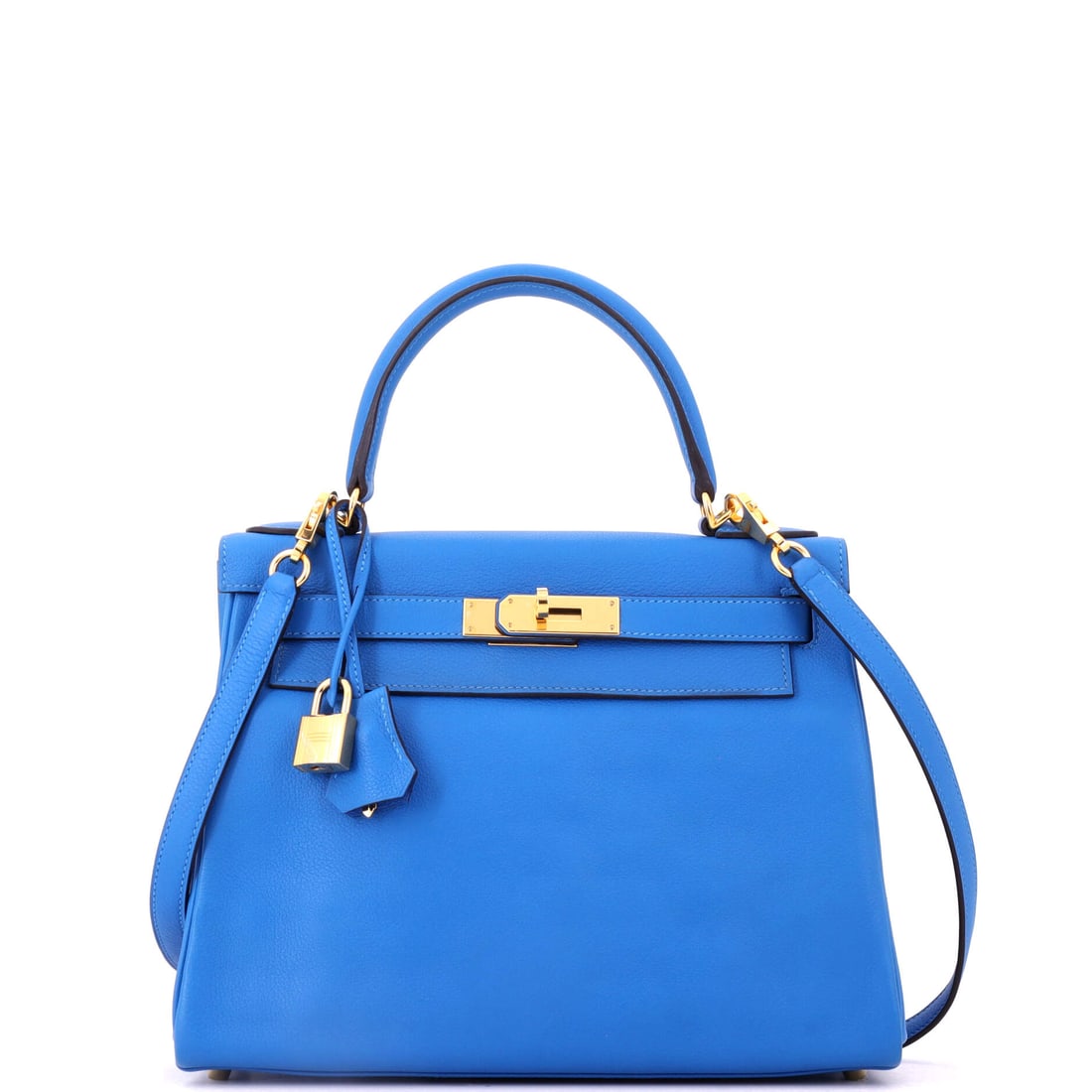 Hermes Kelly Handbag Blue Evercolor with Gold Hardware: Blue Evercolor Kelly with gold hardware, 11 in wide, 8.5 in high and 4 in deep. Evercolor's smooth surface takes blue deeper than Epsom, and the warm fittings keep it from going cold. Grade B - Excell