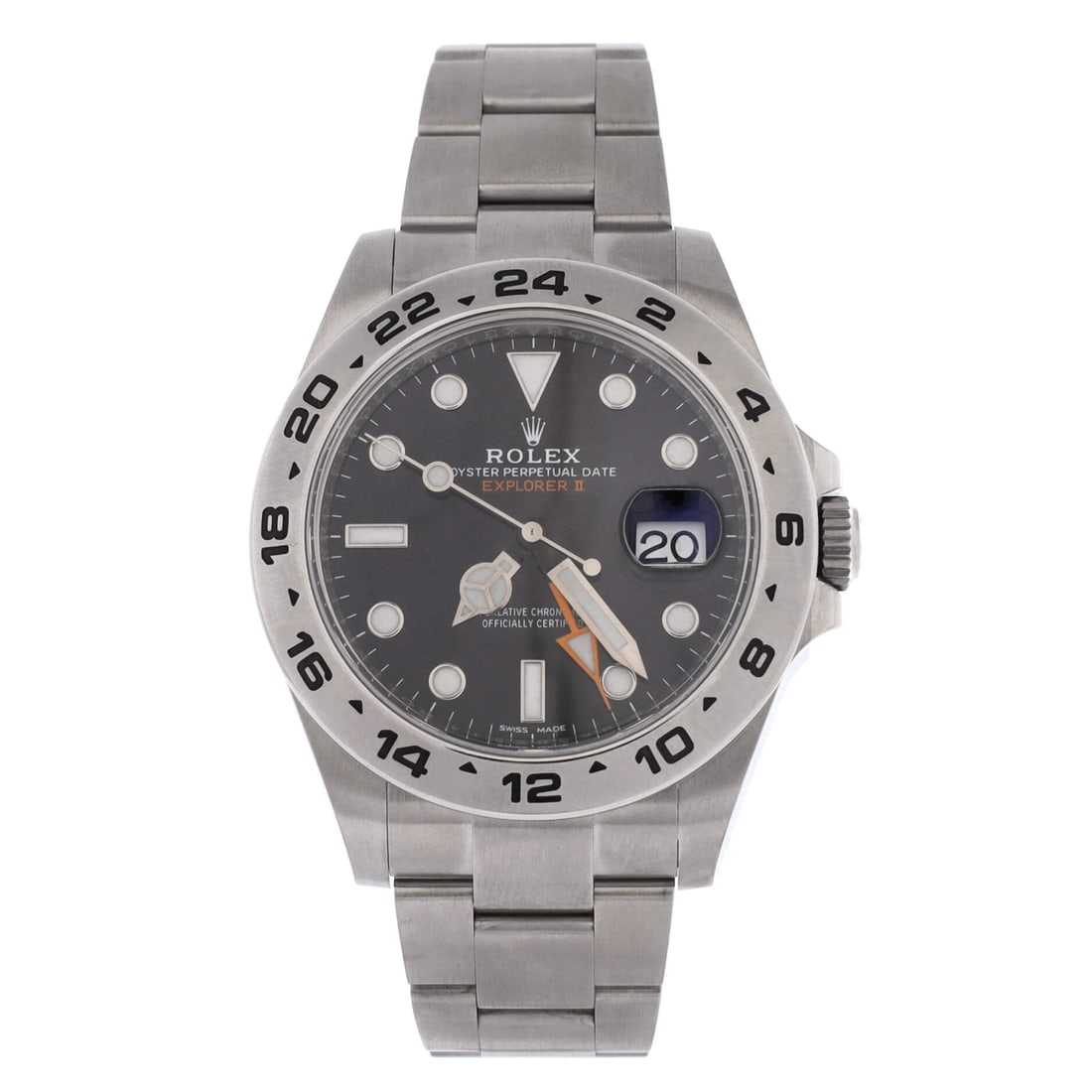 Rolex Oyster Perpetual Explorer II Automatic Watch Stainless Steel: The Explorer II adds a fixed 24-hour bezel and an orange hand to the Explorer's brief, built originally for cavers who needed to know day from night. Stainless steel, automatic, and among the more leg