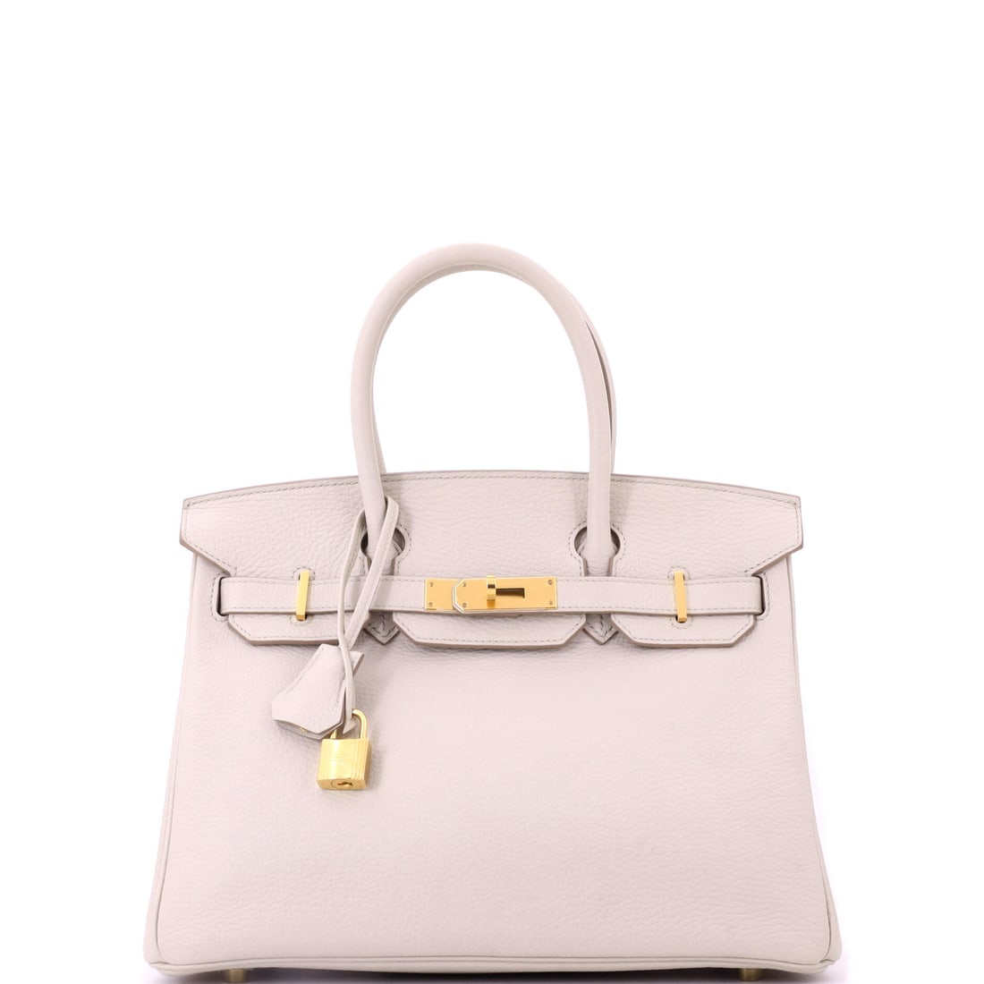 Hermes Birkin Handbag Light Togo with Gold Hardware: Light Togo with gold hardware, 11.5 in wide, 9 in high and 6 in deep. Grain is the practical answer to a pale full-size Birkin, and the warm fittings keep the tone from turning grey. Offered in Grade 