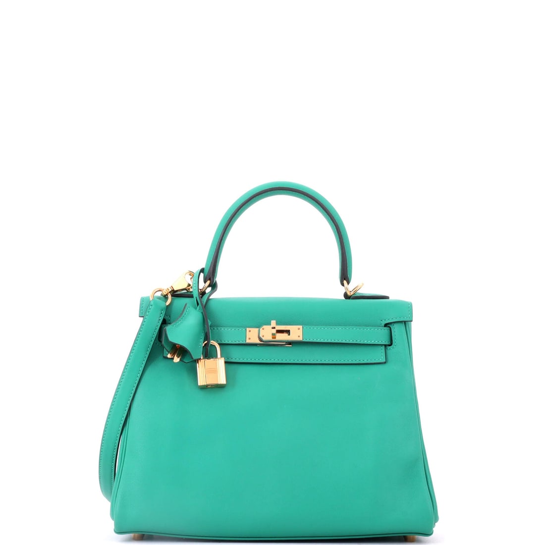Hermes Kelly Handbag Green Swift with Gold Hardware: Green Swift Kelly with gold hardware, 9 in wide, 8 in high and 4 in deep. Warm metal against a soft green makes a considerably richer read than the palladium version. Grade B - Excellent. Maison de Be