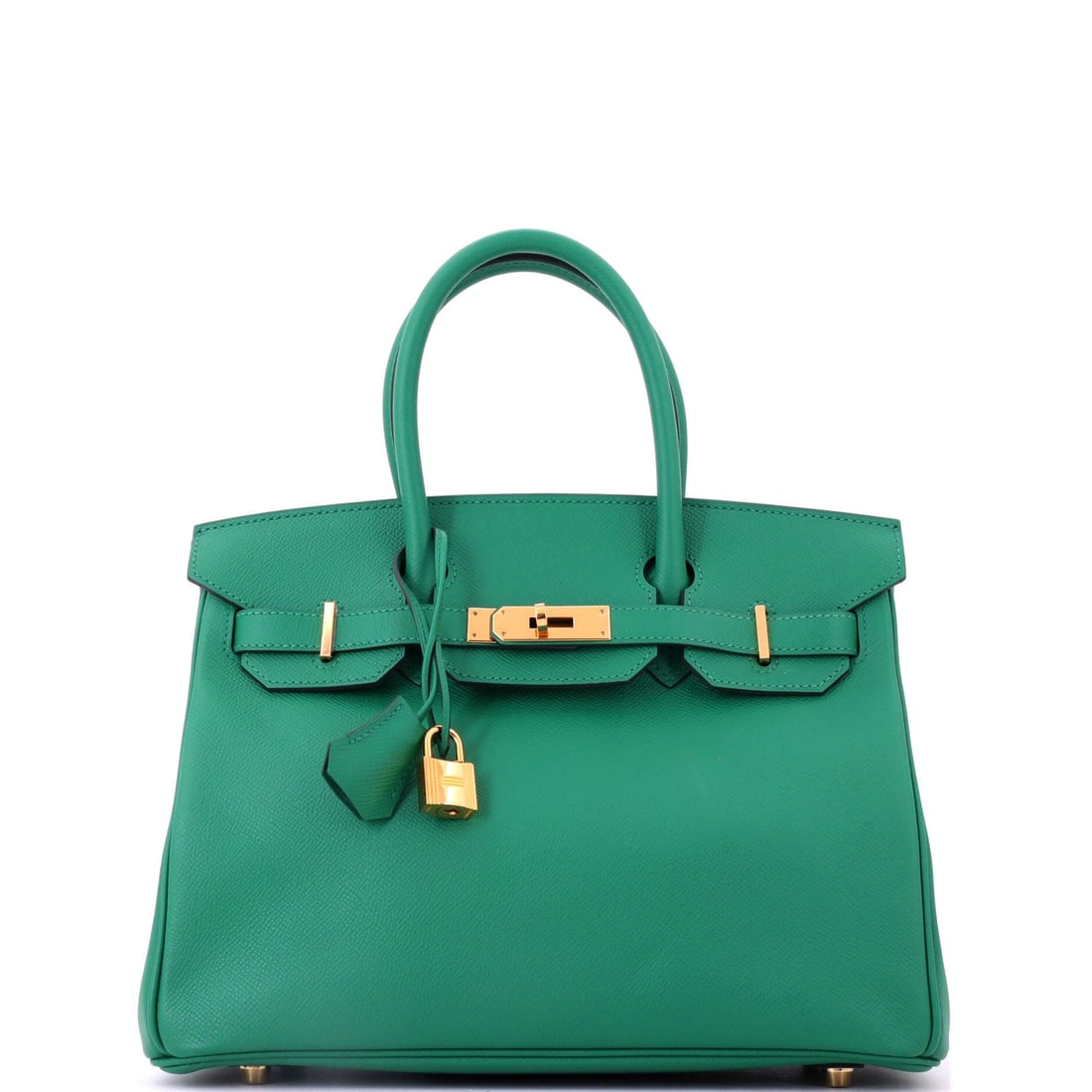 Hermes Birkin Handbag Green Epsom with Gold Hardware: Green Epsom with gold hardware on a Birkin at 12 in wide, 9 in high and 6 in deep. Warm metal pushes the green toward olive, which is the more wearable end of the family. Offered in Grade B - Excellen