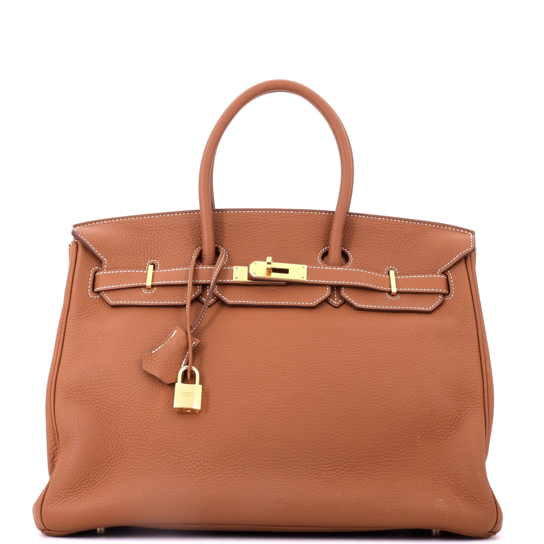 Hermes Birkin Handbag Brown Togo with Gold Hardware: Brown Togo and gold hardware at 13.5 in wide, 10 in high and 7 in deep, in the travel format Hermes now makes far less of. Rolled twin handles and a deep base make the size more practical than its rep