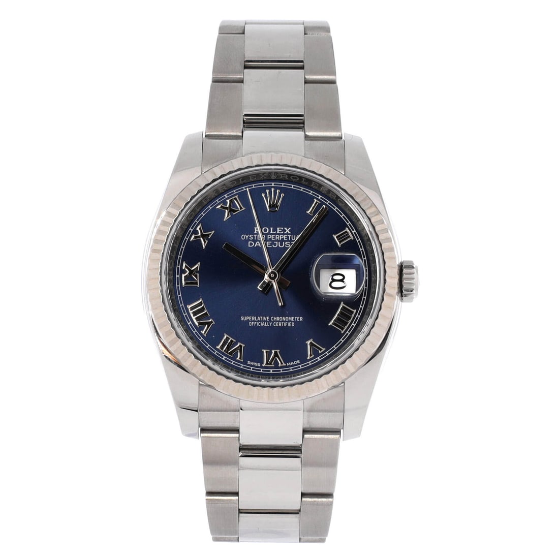 Rolex Oyster Perpetual Datejust Automatic Watch Stainless Steel and White Gold: A Datejust in steel and white gold, automatic, with the precious metal confined to the fluted bezel rather than the bracelet. It is the most restrained two-tone Rolex builds, and the one that wears cl