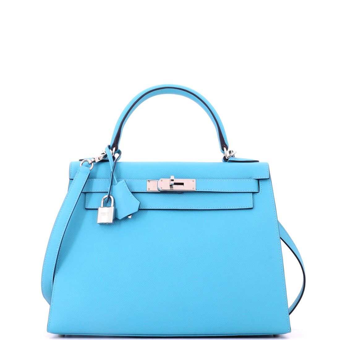 Hermes Kelly Handbag Blue Epsom with Palladium Hardware: Cool and structured throughout, the most disciplined version of a colored Kelly: blue Epsom with palladium hardware, 11.5 in wide, 8.5 in high and 4 in deep. Cool hardware against a saturated blue is 