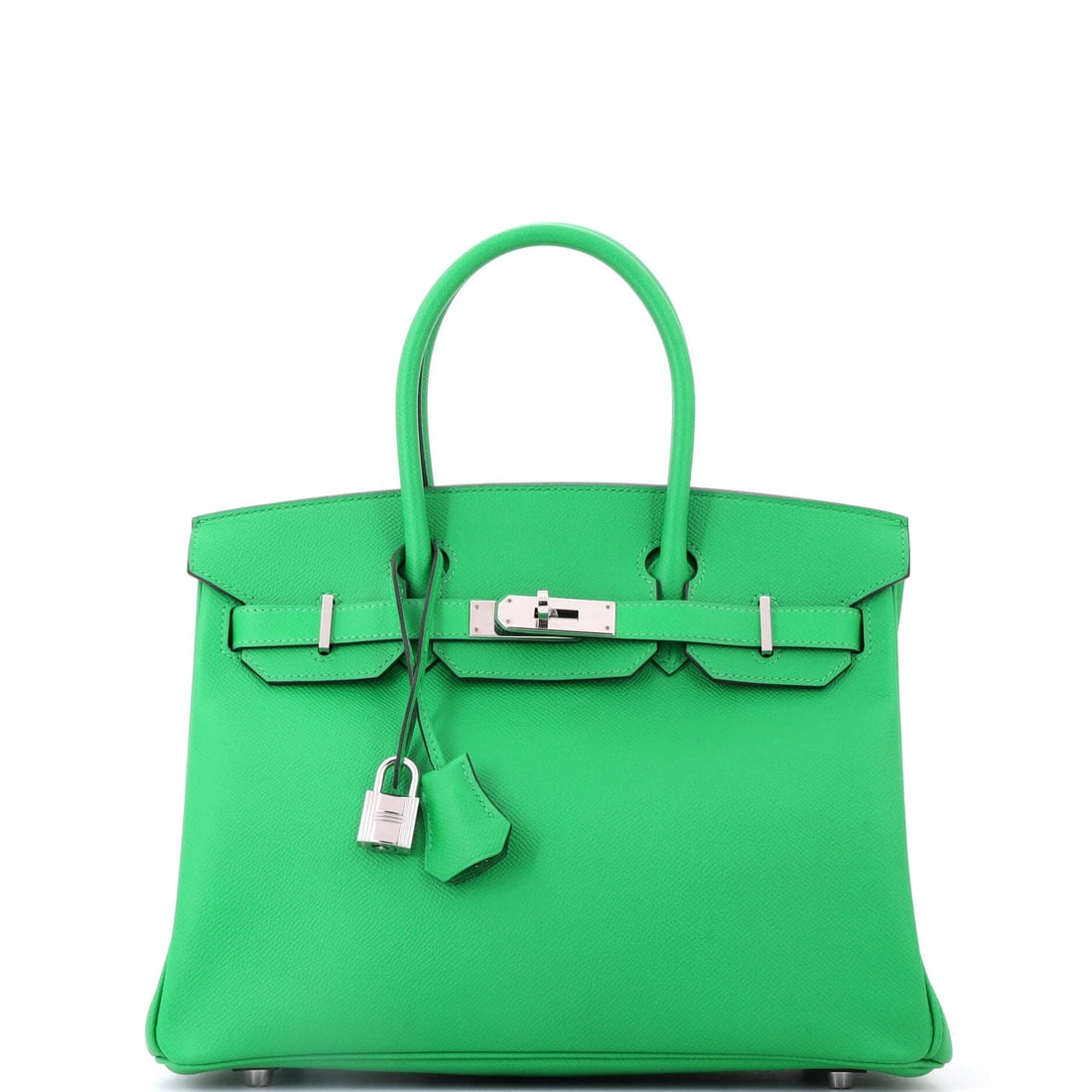 Hermes Birkin Handbag Green Epsom with Palladium Hardware: Cool-fitted green Epsom at 12 in wide, 9 in high and 6 in deep. Cool metal holds the green sharp rather than letting it warm, a distinctly different read from the gold-fitted Birkins here. Grade B - E