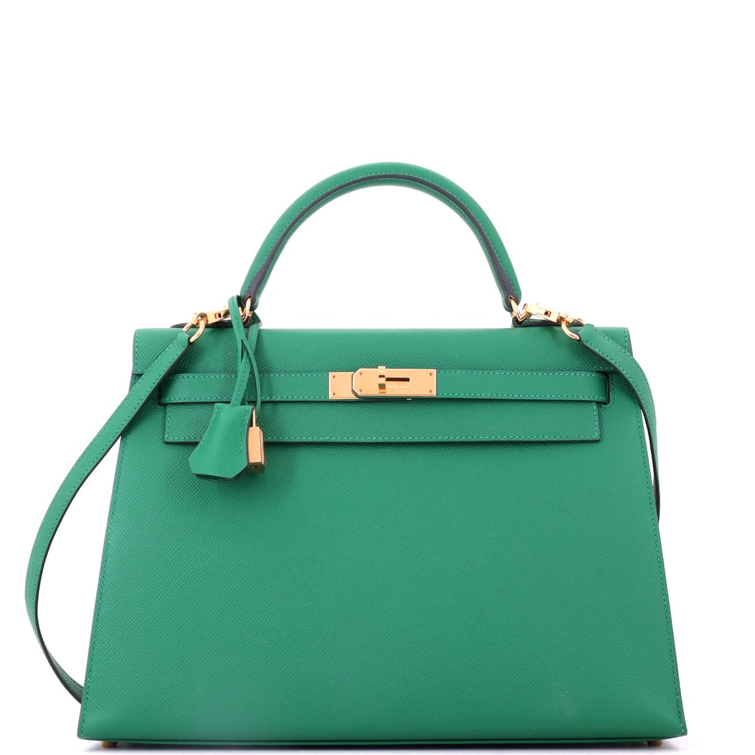 Hermes Kelly Handbag Green Epsom with Gold Hardware: Green Epsom Kelly, gold hardware, wide at 13 in across with 9 in height and 4.5 in depth. Color at this width is unusual and the structure keeps the long flap flat. Offered in Grade B - Excellent cond