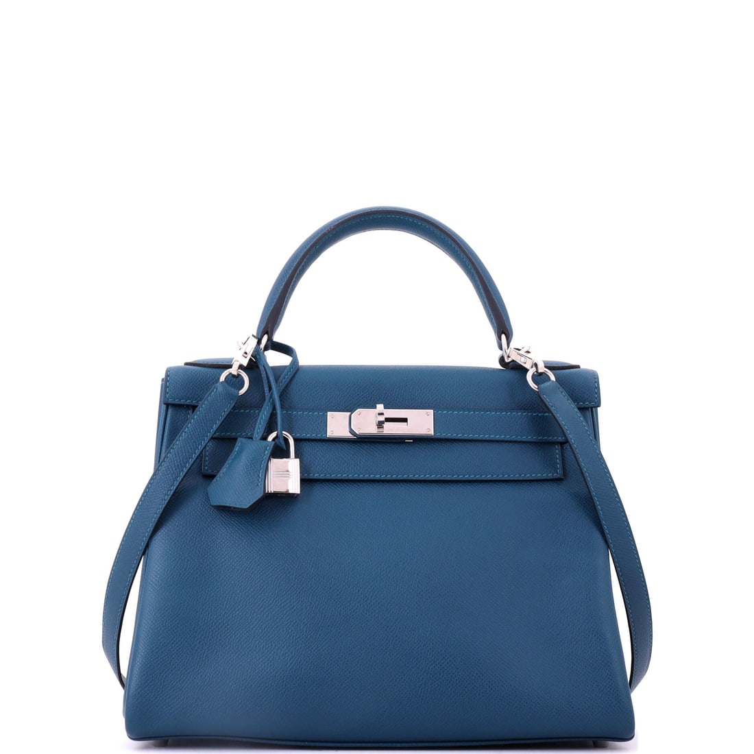 Hermes Kelly Handbag Blue Epsom with Palladium Hardware: Structured enough to keep its line for decades, this blue Epsom Kelly runs 11 in wide, 8.5 in high and 4 in deep with palladium hardware. Epsom's pressed grain is what keeps a flap sitting flat