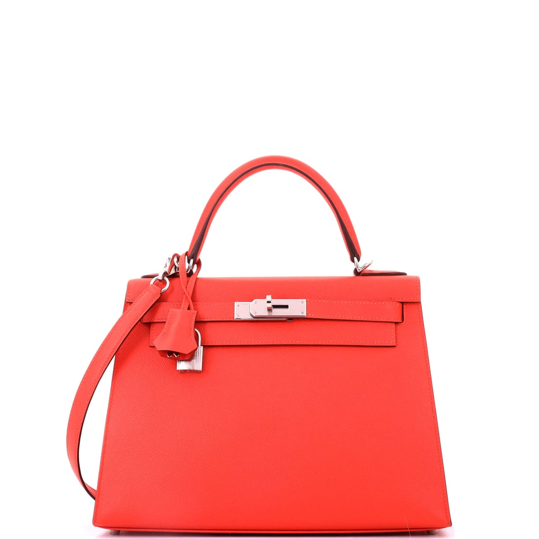 Hermes Kelly Handbag Orange Epsom with Palladium Hardware: Orange Epsom Kelly with palladium hardware, 11 in wide, 8.5 in high and 4 in deep. The house color with cool fittings, which sharpens it rather than softening it. Grade B - Excellent. Maison de