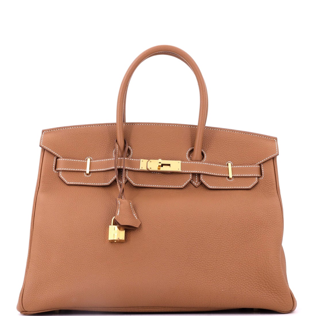 Hermes Birkin Handbag Brown Togo with Gold Hardware: Few Birkins get carried as hard as the 14 in travel format, and this brown Togo example with gold hardware measures 10 in high and 7 in deep. Grade C - Very Good, honest for a bag built to move.