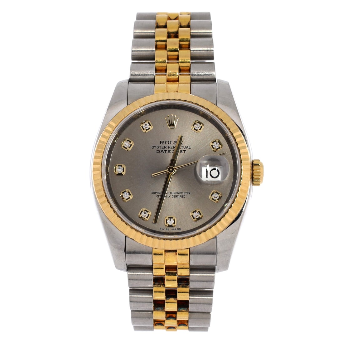 Rolex Oyster Perpetual Datejust Automatic Watch Stainless Steel and Yellow Gold with Diamond Markers: Steel and yellow gold Datejust with diamond hour markers, the most traditional dress configuration Rolex offers on this reference. Automatic movement and a two-tone that has never fully left fashion. 