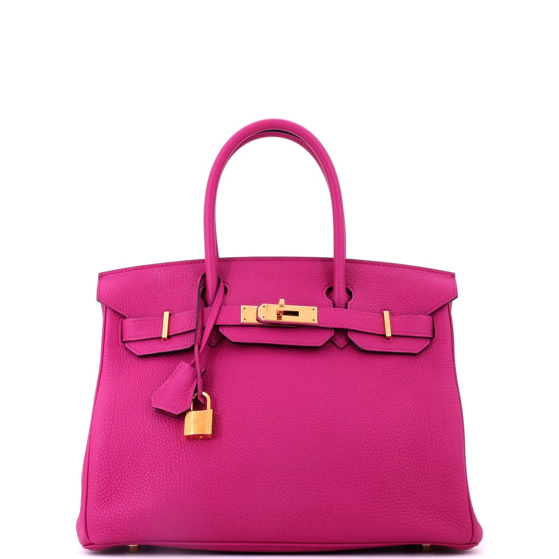 Hermes Birkin Handbag Pink Togo with Gold Hardware: Togo keeps the color from turning pastel and the gold gives it warmth, on a pink Birkin at 12 in wide, 9 in high and 6 in deep. Pink at this scale is a specific taste, and the grain keeps it from tipp
