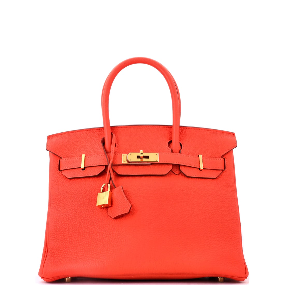 Hermes Birkin Handbag Orange Togo with Gold Hardware: Orange Togo Birkin with gold hardware at 11.5 in wide, 9 in high and 6 in deep. The house color on the house bag, with warm fittings to match. Grade B - Excellent. Maison de Beaubigonne authenticity g