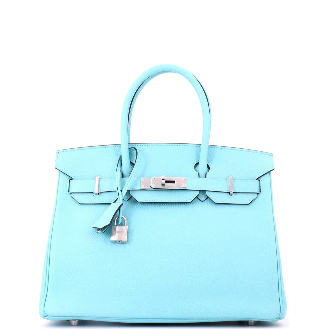 Hermes Birkin Handbag Blue Epsom with Palladium Hardware: Structure, saturation and cool metal throughout, on a blue Epsom Birkin at 12 in wide, 9 in high and 6 in deep. Epsom is the practical leather for a colored Birkin, holding the tone even across every 