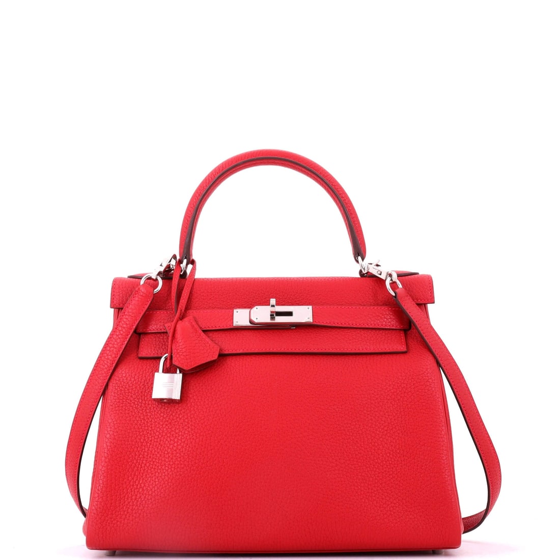 Hermes Kelly Handbag Red Togo with Palladium Hardware: Red Togo Kelly with palladium hardware, 10.5 in wide, 8.5 in high and 4 in deep. Cool fittings sharpen the red where gold would deepen it. Grade B - Excellent. Maison de Beaubigonne authenticity guara