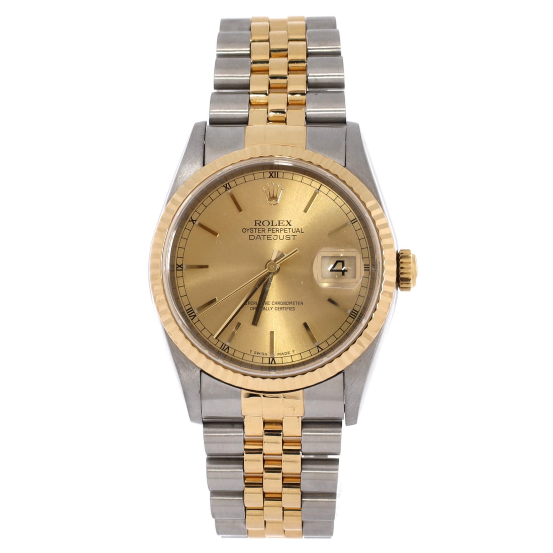 Rolex Oyster Perpetual Datejust Automatic Watch Stainless Steel and Yellow Gold: A steel and yellow gold Datejust, automatic, in the two-tone that defined the reference for a generation of wearers. The fluted gold bezel and matching center links are what separate it from the plain