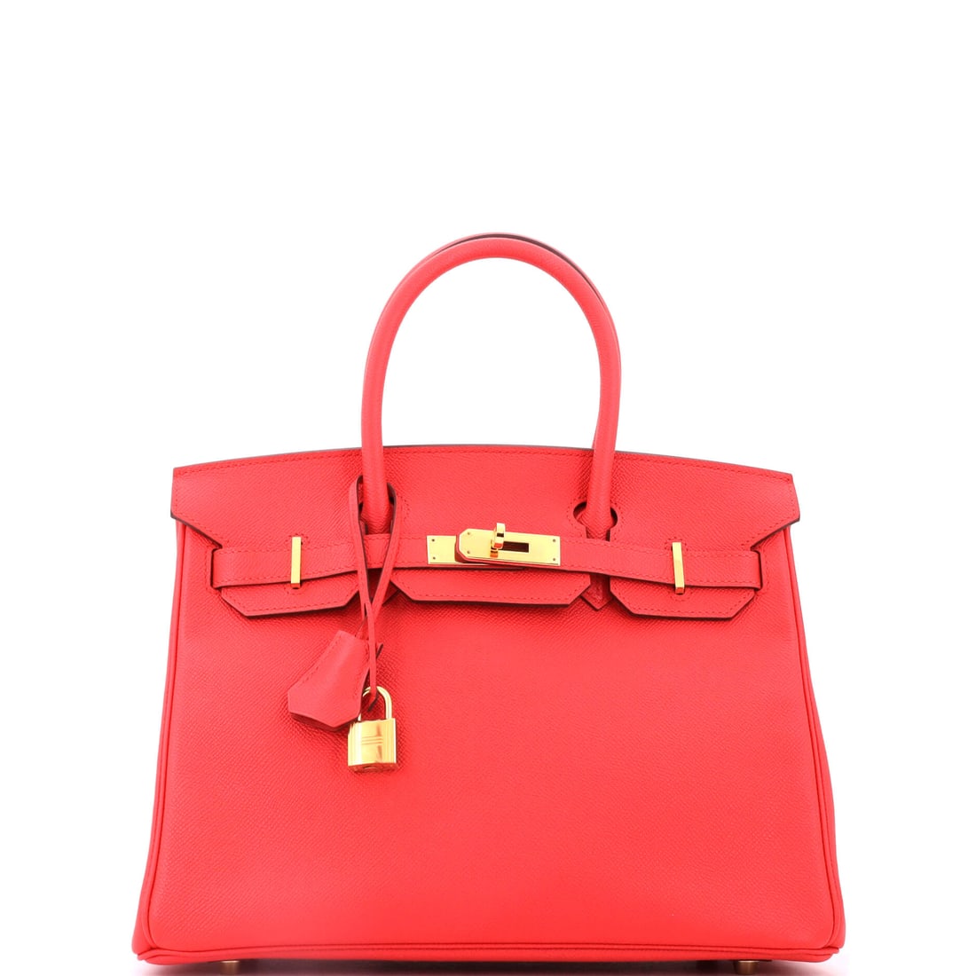 Hermes Birkin Handbag Red Epsom with Gold Hardware: Red Epsom Birkin, gold hardware, 11.5 in wide, 9 in high and 6 in deep. Warm metal deepens the red rather than brightening it. Grade B - Excellent. Maison de Beaubigonne authenticity guaranteed.
