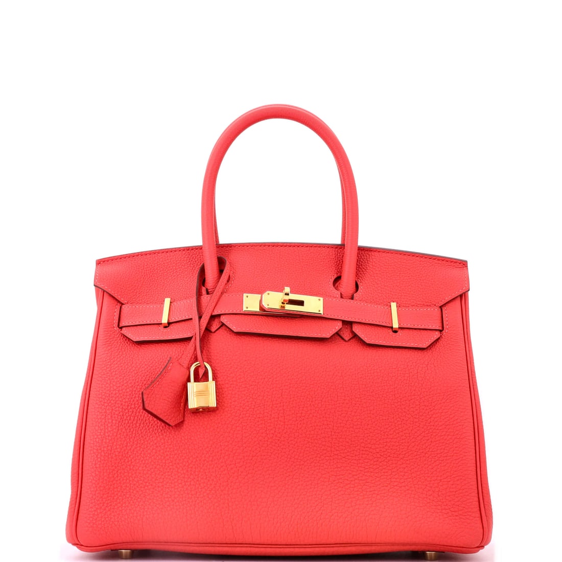 Hermes Birkin Handbag Red Togo with Gold Hardware: Grained red with warm fittings, 12 in wide, 9 in high and 6 in deep. The grain gives the color a texture the pressed leathers smooth away, which is the argument for Togo on a Birkin this size. Offered