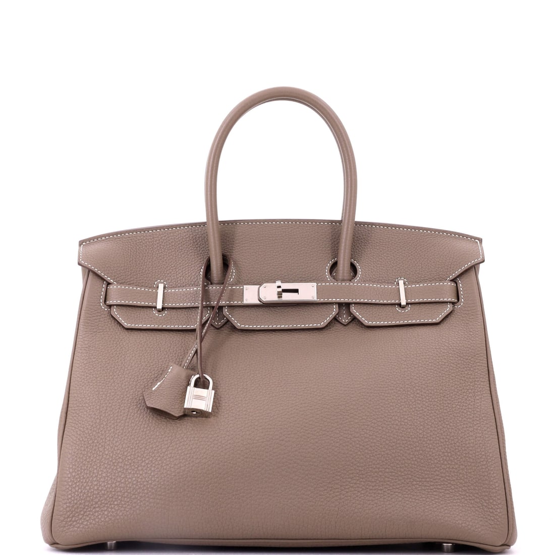Hermes Birkin Handbag Grey Togo with Palladium Hardware: Travel proportions of 13.5 in wide, 10 in high and 7 in deep, in grey Togo with palladium hardware. Monochrome throughout, and built for a Birkin that will actually be used for travel. Grade B - Excel