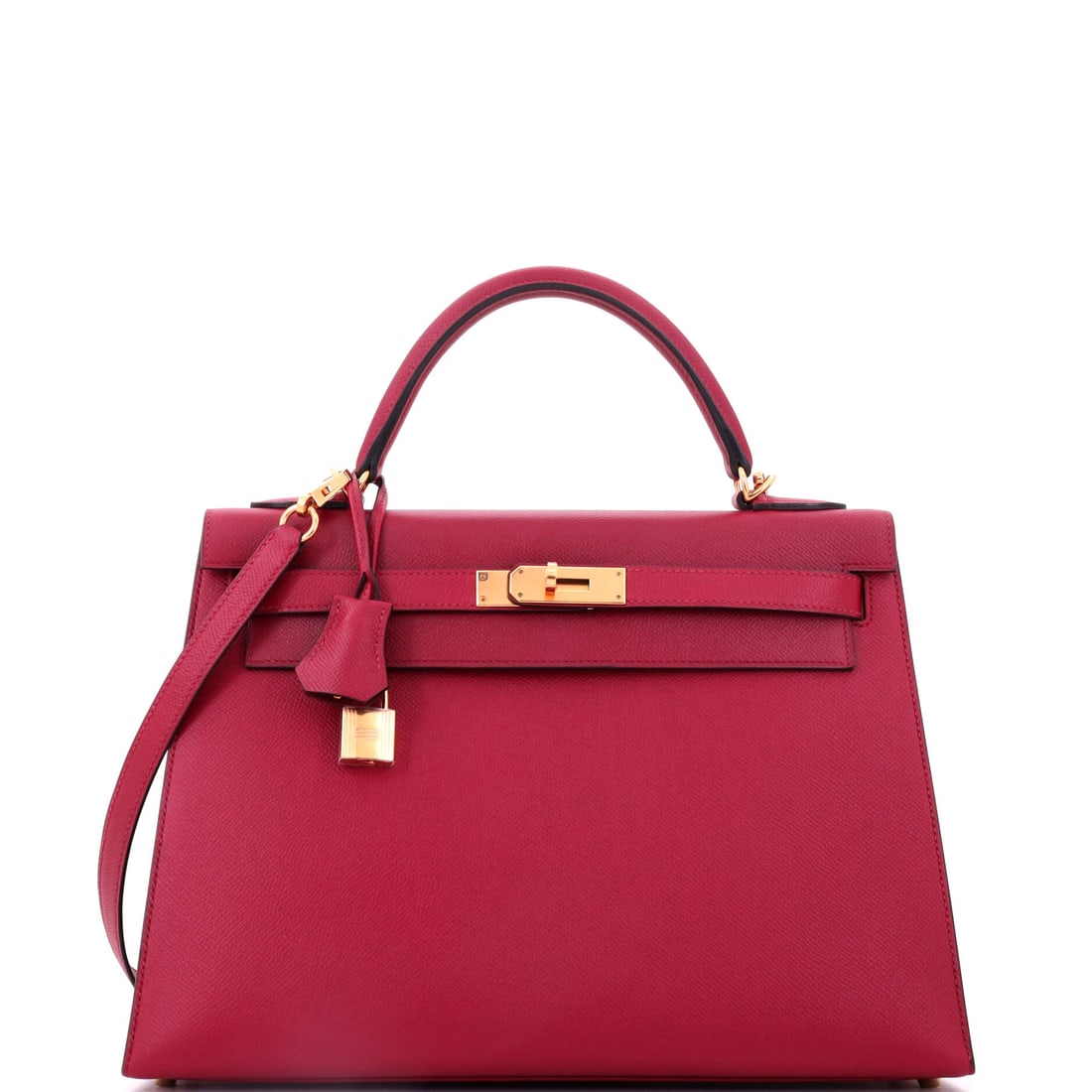 Hermes Kelly Handbag Red Epsom with Gold Hardware: Red Epsom Kelly with gold hardware in a wide 13 in cut, 9 in high and 4.5 in deep. Color at this width is uncommon and the structure keeps the long flap true. Grade B - Excellent. Maison de Beaubigonn