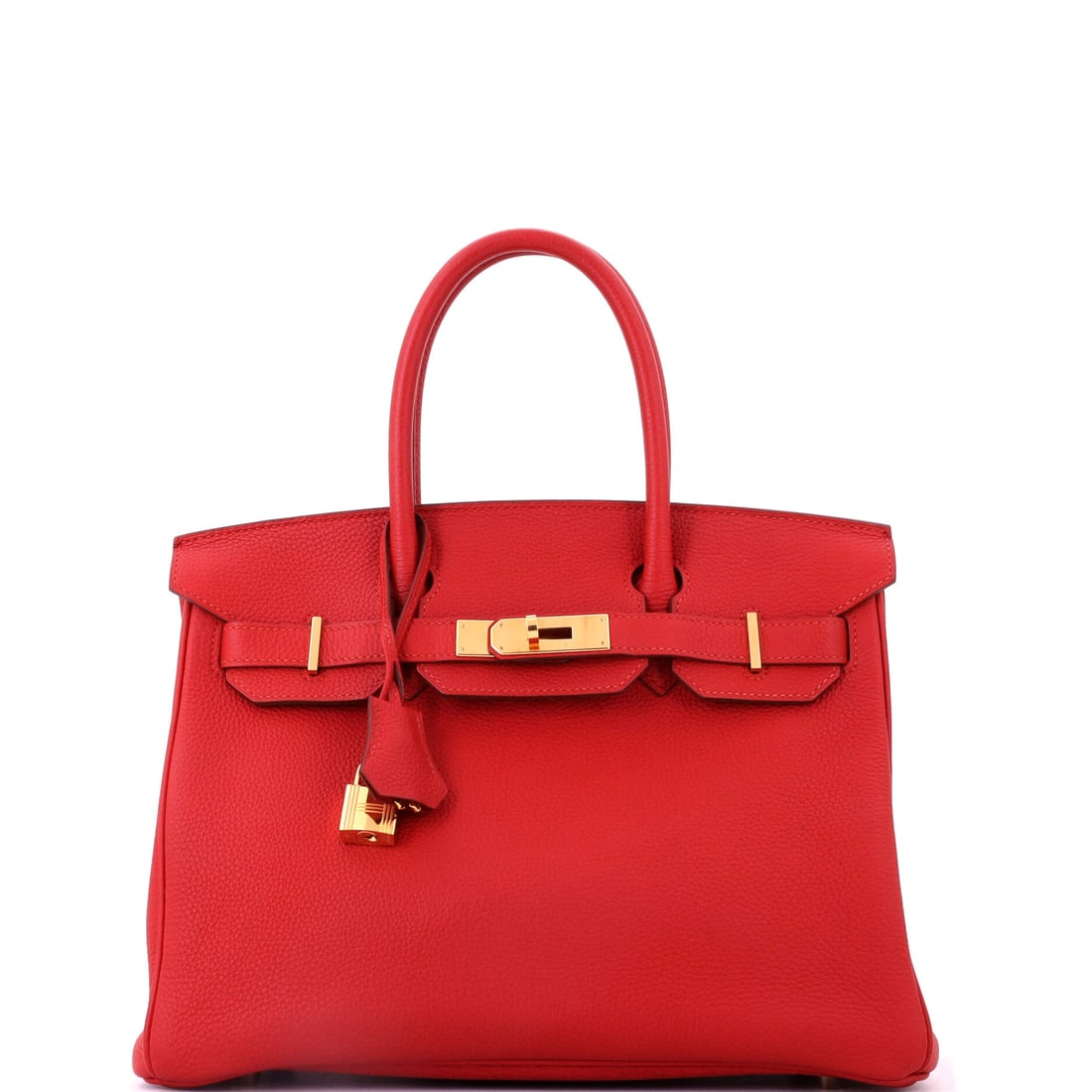 Hermes Birkin Handbag Red Togo with Gold Hardware: Red Togo Birkin, gold hardware, full size at 11.5 in wide, 9 in high and 6 in deep. Grade B - Excellent, in one of the colors most associated with the house. Maison de Beaubigonne authenticity guarant