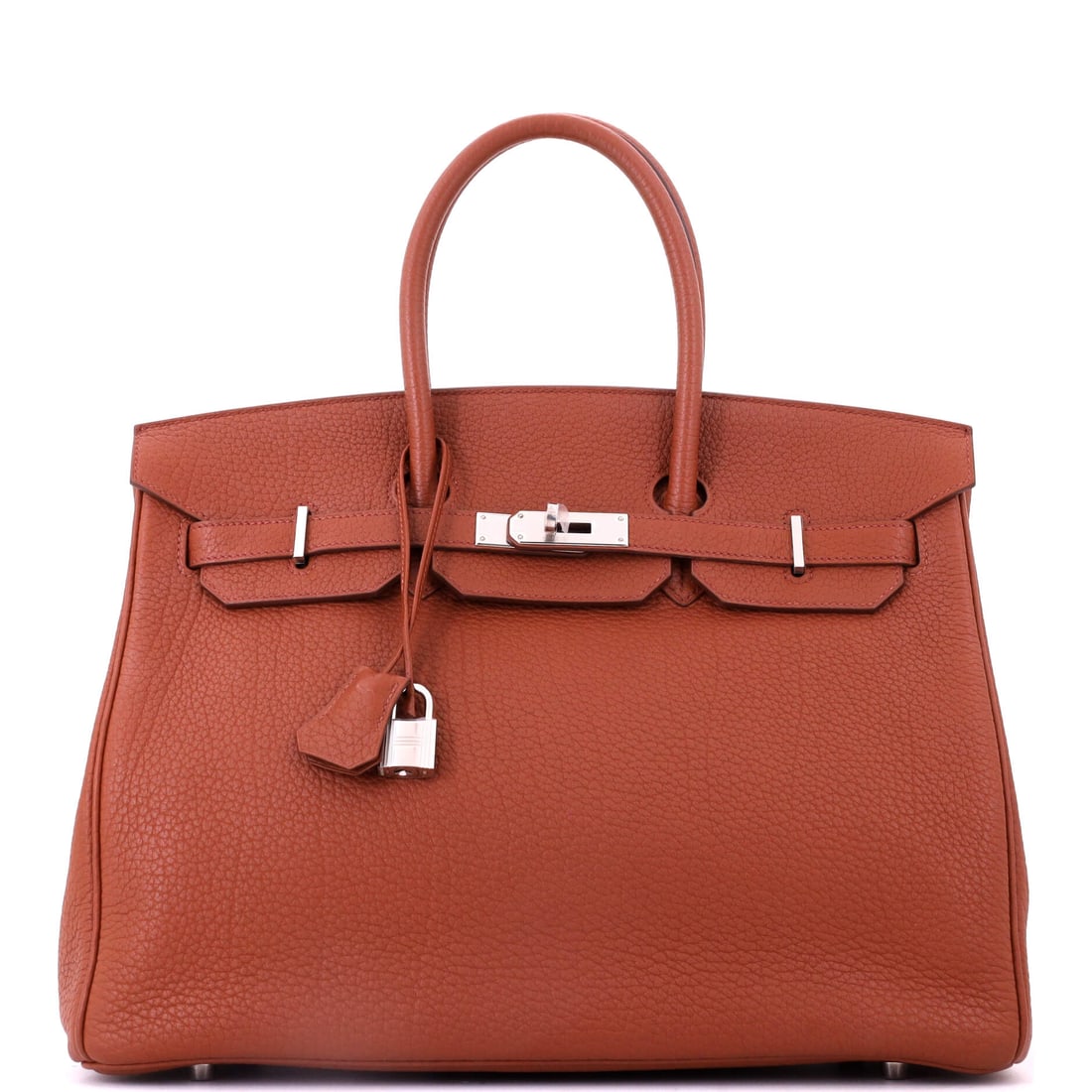Hermes Birkin Handbag Brown Fjord with Palladium Hardware: Fjord is a heavier, more weather-resistant grained leather from an earlier period of Hermes production, and it suits a travel-scale Birkin exactly. Brown with palladium hardware at 13.5 in wide, 10 in