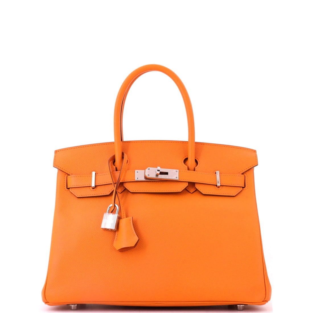 Hermes Birkin Handbag Orange Epsom with Palladium Hardware: Orange Epsom with palladium hardware, 12 in wide, 9 in high and 6 in deep. The house color with cool fittings, on a Birkin sized for a full working day. Grade B - Excellent. Maison de Beaubigonne auth