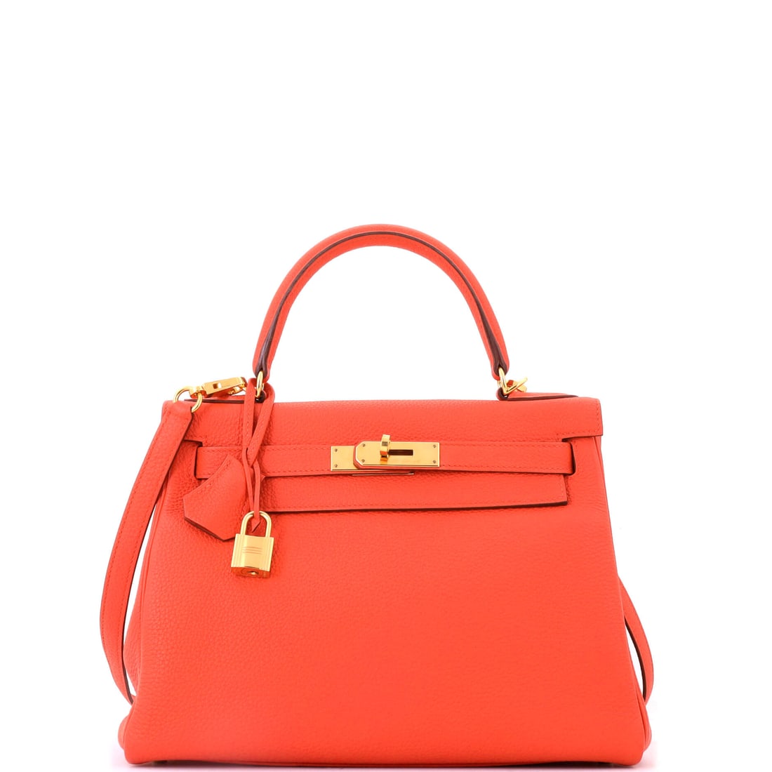 Hermes Kelly Handbag Orange Togo with Gold Hardware: Orange Togo Kelly with gold hardware, 11 in wide, 8.5 in high and 4 in deep. The color Hermes is named for, on the model that made the name. Grade B - Excellent. Maison de Beaubigonne authenticity